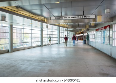 Boston, USA - April 24, 2017: Boston Subway (Massachusetts Bay Transportation Authority, MBTA). People Are Walking, Located In Boston, Massachusetts, USA.