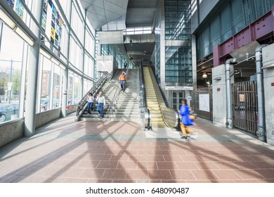 Boston, USA - April 24, 2017: Boston Subway (Massachusetts Bay Transportation Authority, MBTA). People Are Walking, Located In Boston, Massachusetts, USA.