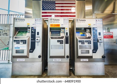 Boston, USA - April 24, 2017: Ticket Machine. Located In Boston Subway (Massachusetts Bay Transportation Authority, MBTA), Massachusetts, USA.