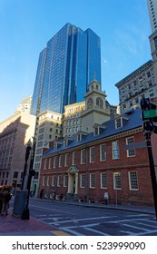 Boston, USA - April 28, 2015: Old State House In Financial District Of Downtown Boston, Massachusetts, The United States. People On The Background.