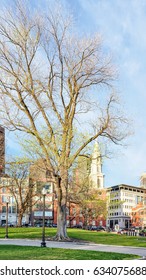 Boston, USA - April 29, 2015: People at Boston Common public park at downtown Boston, MA, United States. Park Street Church on the background - Shutterstock ID 634075688