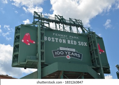 Boston, USA - August 2 2013: 100 Years Boston Red Sox Stadium Scoreboard Fenway Park In Sunny And Cloudy Weather