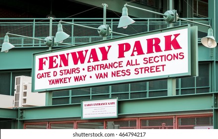 BOSTON, USA - AUGUST 5: The architecture of the historic Fenway Park Stadium in Boston, MA, USA showcasing one of its signs at the ticket booths on August 5, 2016.