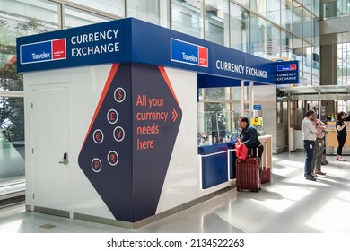 Boston, USA - July 11, 2019 : Travelex worldwide currency exchange at Logan International Airport in Boston, USA.