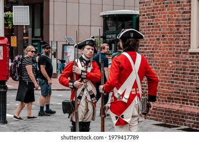 BOSTON, USA - JULY 12, 2019 : Show British Soldier From American Revolutionary For Tourist At Old State House In Boston, MA, USA.