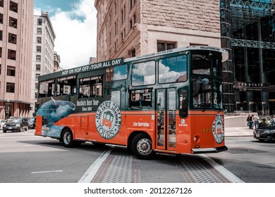 BOSTON, USA - JULY 12, 2019 : Boston Old Town Trolley Tours in downtown in Boston, Massachusetts, USA.