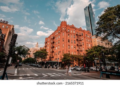 BOSTON, USA - JULY 14 : The famous Newbury Street in Boston, MA, USA at sunset with its expensive stores and restaurants with lots of locals and tourists shopping on July 14, 2019.