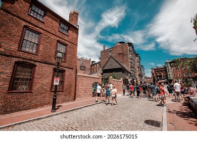 BOSTON, USA - JULY 15 ,2019 :Paul Revere House, built in 1680, was the colonial home of American patriot Paul Revere during the American Revolution. Seen on a sunny day in Boston, MA, USA.