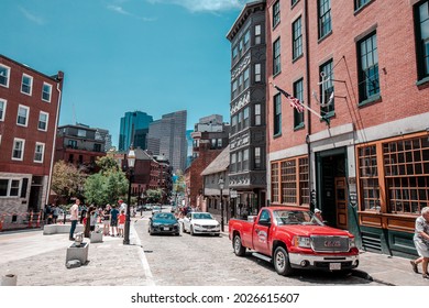 BOSTON, USA - JULY 15, 2019 : Around Paul Revere House, built in 1680, was the colonial home of American patriot Paul Revere during the American Revolution in Boston, MA, USA.