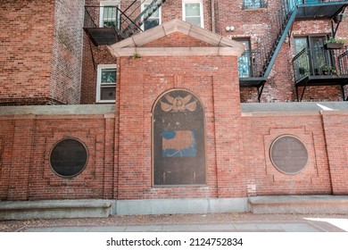 BOSTON, USA - JULY 15 ,2019 : The history of Paul Revere on wall at statue Paul Revere in Boston, Massachusetts, USA