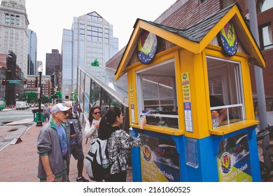 BOSTON, USA - JULY 18, 2019 : Ticket booth sale and booking Boston Duck Tour land and water amphibious duck vehicle tour for tourists in Boston, Massachusetts.