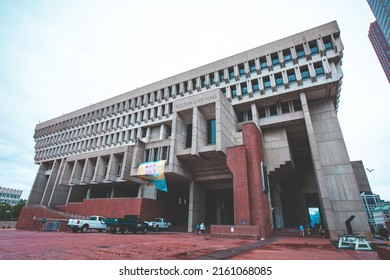 BOSTON, USA - JULY 18, 2019 : Boston City Hall in Government Center. The current hall was built in 1968 and is a controversial and prominent example of the brutalist architectural style.