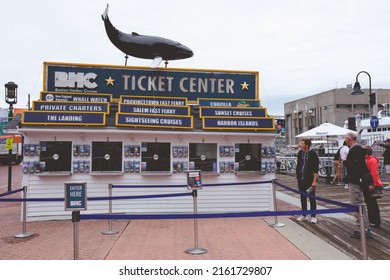 BOSTON, USA - JULY 18, 2019 : Boston harbor cruises ticket center at Water shuttle dock in Boston, USA.