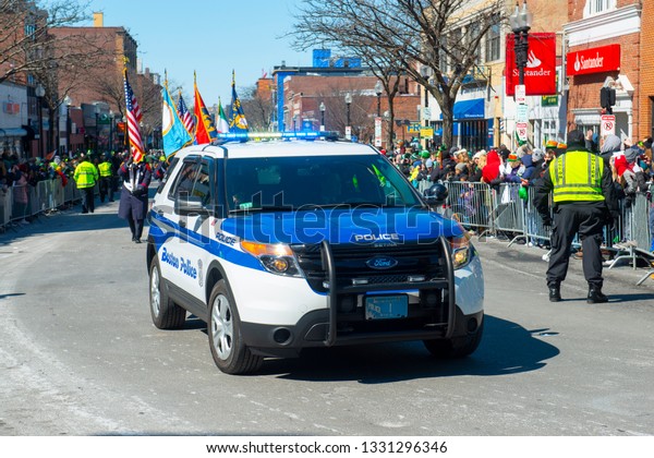 BOSTON, USA - Mar. 18, 2018:\
Police Car in Saint Patrick\'s Day Parade in Boston, Massachusetts,\
USA.