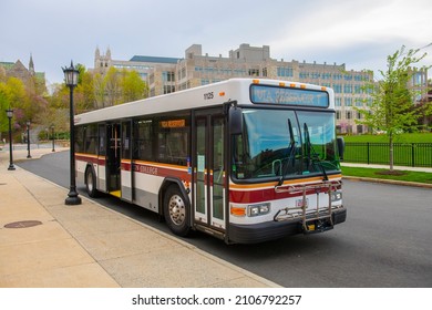 BOSTON, USA - MAY 2, 2021: Shuttle Bus In Boston College Main Campus In Chestnut Hill, City Of Newton, Massachusetts MA, USA.