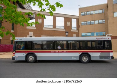 BOSTON, USA - MAY 2, 2021: Shuttle Bus In Boston College Main Campus In Chestnut Hill, City Of Newton, Massachusetts MA, USA.