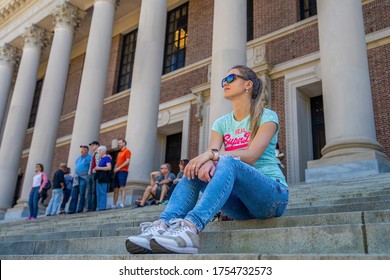 Boston, USA. May 25, 2019. Young Student Girl Exploring Harvard University In Cambridge, Massachusetts, USA.