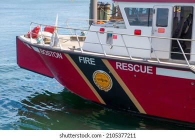 BOSTON, USA - MAY 27, 2021: Boston Fire Department Marine Unit Fire Boat docked at Burroughs Wharf in historic North End, Boston, Massachusetts MA, USA. 