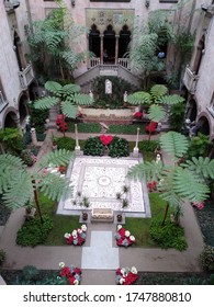 Boston, USA: Nov 27, 2019: Interior view of the inner courtyard and garden of Isabella Stewart Gardner Museum in Boston. Nov 2019.