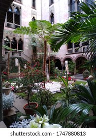 Boston, USA: Nov 27, 2019: Interior view of the inner courtyard and garden of Isabella Stewart Gardner Museum in Boston. Nov 2019.