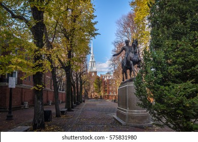 BOSTON, USA - November 30, 2016:  Paul Revere Statue and Old North Church - Boston, Massachusetts, USA