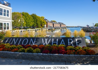 BOSTON, USA - OCT. 14, 2020: Historic Union Wharf on Atlantic Avenue at Boston Harbor in downtown Boston, Massachusetts MA, USA. 