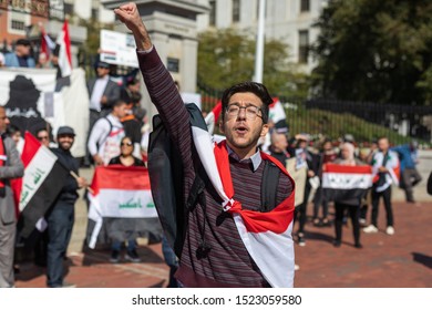 Boston, USA, Oktober 5, 2019 Iraqi protest at the Massachusetts State House. The protesters are taking a stand against a lack of jobs, corruption and poor public services in their home country.