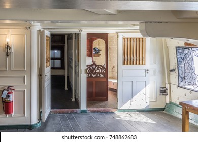 BOSTON, USA - SEP 13, 2017: Inside Famous USS Constitution, Boston, USA In The Harbor. Every Year At Independence Day The Ship Sails Again In Boston Harbor.