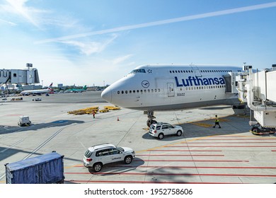 Boston, USA - September 11, 2017: Lufthansa Aircraft  Parking At The Terminal Of  Boston Logan International Airport, USA.