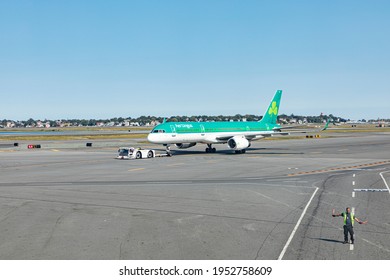 Boston, USA - September 11, 2017: Air Lingus Aircraft Taxiing  At Apron Of  Boston Logan International Airport, USA.