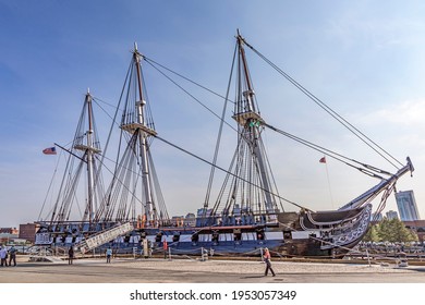 Boston, USA - September 12, 2017: Famous USS Constitution, Boston, USA In The Harbor. Every Year At Independence Day The Ship Sails Again In Boston Harbor.