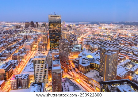 Boston view from top of Prudential Tower after snowstrorms at dusk