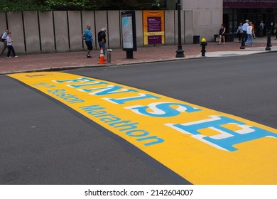 BOSTON,MA. USA-MAY 2014:Finish Line Of Boston Marathon Painted In Boylston Street.