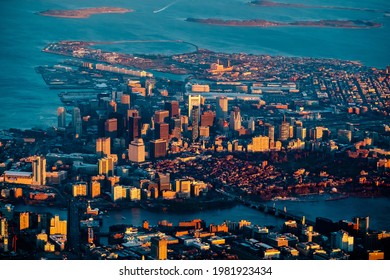 Boston,Massachusetts, USA - Aerial view of Boston skyline at sunset in winter Boston,Massachusetts, USA