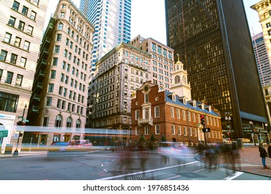 
Boston,United States Nov24 2019:4K UHD boston Time Lapse footage of Old State House and transportation of the downtown financial district. crowd Tourist travel visiting American urban travel concept