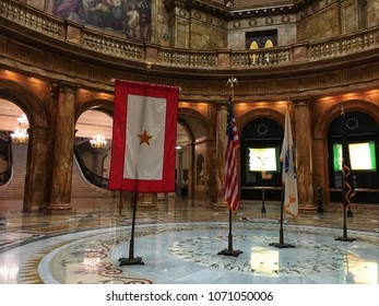 Boston,USA,8 May 2017; The USA Flag Standing Between The Others Inside The Massachusetts State House Classic Interior Architecture Design