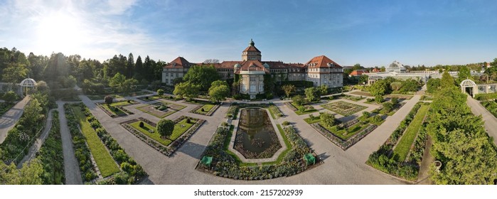 Botanical Garden of Munich, aerial panoramic view from above in summer.