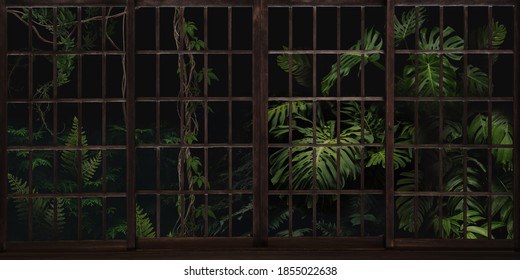 Botanical garden with panoramic windows. Jungle and tropical plants outside the window. Beautiful design for postcard, picture, mural, wallpaper, photo wallpaper. - Shutterstock ID 1855022638