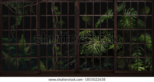 Botanical garden with panoramic windows. Jungle and tropical plants outside the window. Beautiful design for picture, mural, wallpaper, photo wallpaper.