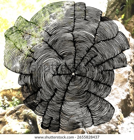 Botanical-inspired black linework forming concentric leaf-like layers arranged in a rosette pattern. The stylized drawing rests on a natural background, resembling both floral geometry and abstract