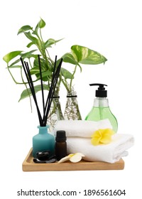 Botany Green Spotted Betel Vase,Incense  Sticks ,Plumaria  Flower,white Towels, ,candle And Aroma Oil In Spa Or Bath Room Isolated On White Background,aromatherapy Spa Wellness