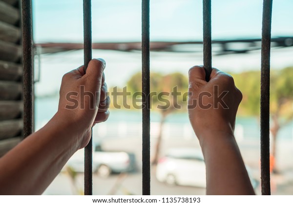 Both hand of woman holding iron steel
pole jail cage, prisoner behind bar, blur green tree, sky, road and
car outside world background. No Freedom
concept.