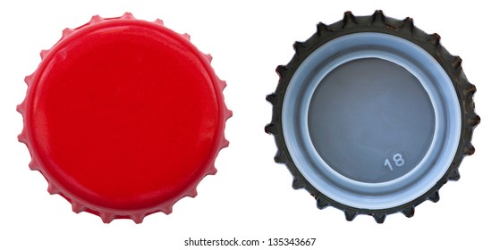 Both sides of a red metal bottle cap. One of the top side and one of the bottom side. Isolated on white background.