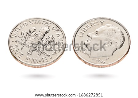 Both sides of ten US cents or dime coin isolated on white background