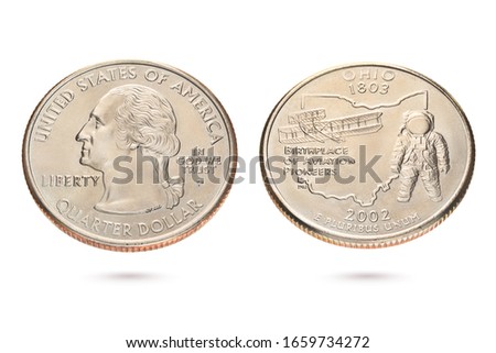 Both sides of twenty five US cents or quarter coin isolated on white background