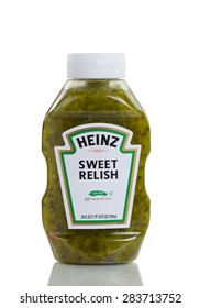 BOTHELL, WA- June 1, 2015: Heinz Sweet Relish In Squeezable Plastic Bottle Isolated On White Background With Reflection. 