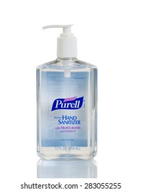 BOTHELL, WA-MAY 31, 2015: Purell Hand Sanitizer In Plastic Bottle Isolated On White With Reflection. 