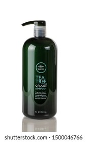 BOTHELL, WA/USA- September 09, 2019: Paul Mitchell Tea Tree Shampoo Logo On Plastic Bottle Isolated On White Background With Reflection 