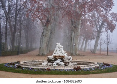 Boticaria fountain in winter in the gardens of Aranjuez, Madrid. Aranjuez, December 2017