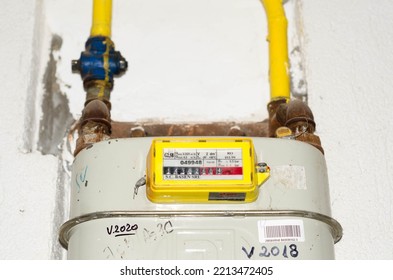 Botosani, Romania - October 12 2022: Analog Screen Of Household Natural Gas Meter. Utility Bills, Consumption Of Gas For Heating Home, Energy Costs, Symbolic Image.
